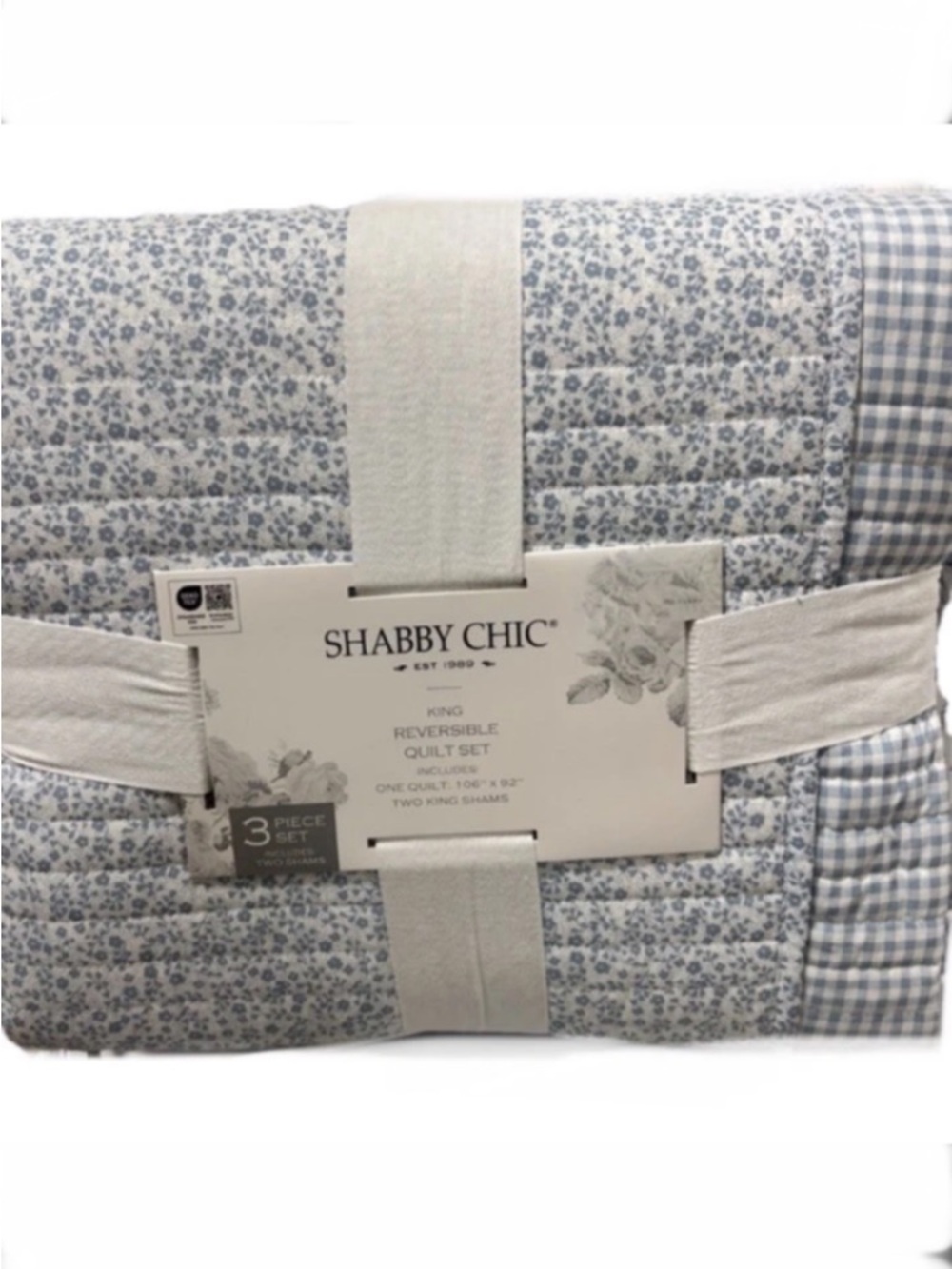 Shabby Chic Blue and White Floral Reversible King Cotton Quilt Set 106”x92”